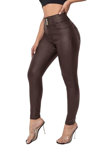 WDIRARA Women's Leather High Waist Skinny Jeans Slant Pocket High Stretch Long Pants