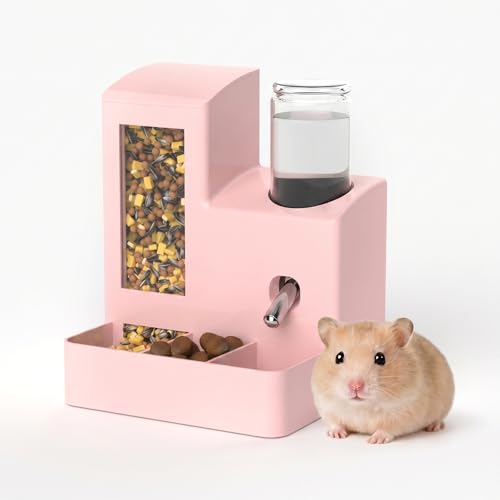 PawluxeNINE Hamster Water Bottle and Feeder No Drip 2-in-1 Automatic Waterer and Food Dispenser Gravity Feeding Hamster Cage Accessories for Small Pets 5.51 x 4.33 x 6.49 Inch