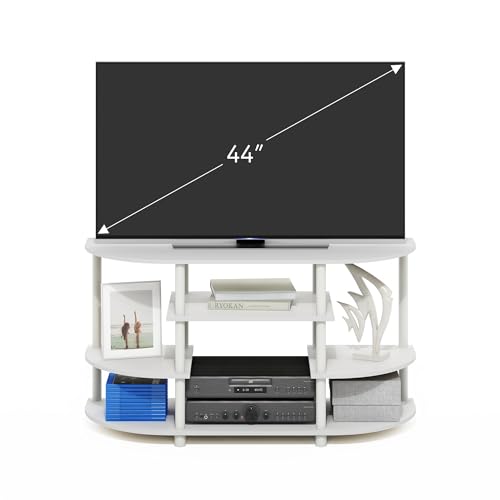 Image of Furinno Jaya TV Stand, 4-Tier Toolless Assembly Corner Entertainment Center with Round Edges, TV Console for TV up to 44 Inch, Open Shelf Design, for Living Room, Bedroom, White