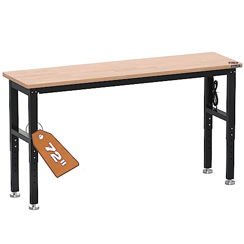 Image of WORKPRO 72 inch Adjustable Workbench, 3000 LBS Load Capacity Hardwood Garage Workbench with Power Outlets, Rubberwood Top Heavy-Duty Workstation for Workshop, Garage, Home