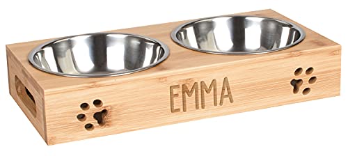 LAUBLUST Futterstation mit Name Personalisiert für Hunde - Natur | 38x19x6 cm - Futternapf & Wassernapf Hund l 2 Edelstahl Fressnäpfe als Hundezubehör x 0,75L l Fressnapf mit Gravur l Hundenapf erhöht