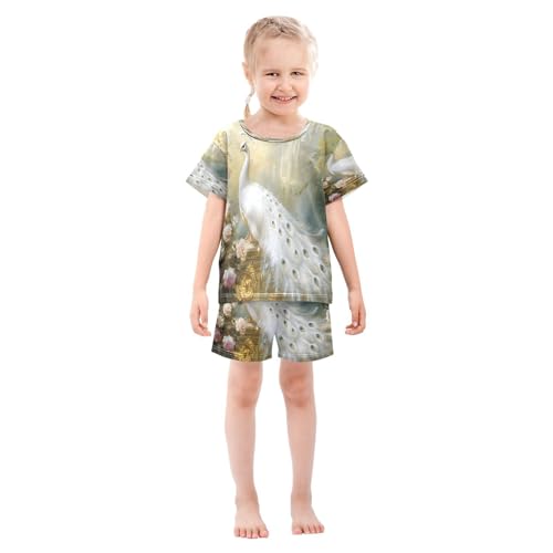 ALAZA White Peacock Peony Blossom Pajamas Set Short Sleeve Cotton Sleepwear Summer Pjs 2 Piece 5-14Y3