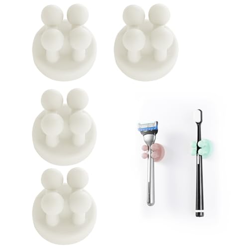 Zayin Silicone Toothbrush Zahnbürstenhalter Rasiererhalter Multifunktions-Haken Wasserdicht Selbstklebend Zahnbürstenhaken Stopfenhalter (4 Stück Weiß)