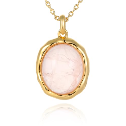 ARSIS Natural Rose Quartz Necklace for Women, 18K Gold Plated Vintage-Inspired Oval Gemstone Pendant, Organic Bezel Set Pink Crystal Necklace, Adjustable 16–19 Inch Gift for Her