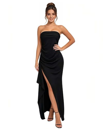 Image of Women's Sexy Strapless Backless High Split Long Maxi Dress Ruched Off Shoulder Sleeveless Bodycon Party Cocktail Dresses