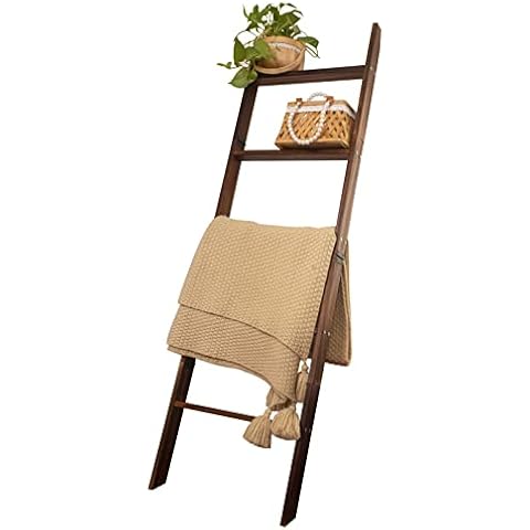 HYBDAMAI Blanket Ladder, 5-Tier Wooden Quilt Stand, Decorative Ladder Shelf, Leaning Shelf, Wall Leaning Blanket Ladder Towel Storage Rack for Living Room (Brown) Cover