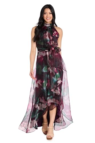 R&M Richards Womens Floral High Neck Gown W/Hi-Lo Skirt & Waist Sash - Spring Wedding Guest Cocktail Party Sleeveless Dress