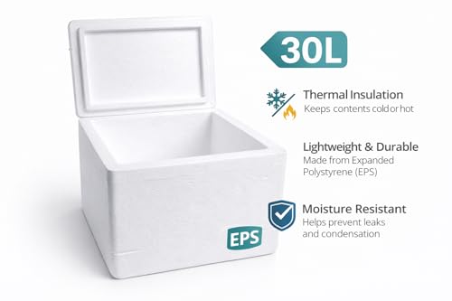 Image of 30 Litre EPS Insulated Ice Box | Lightweight Expanded Polystyrene (EPS) Thermal Cooler | Reusable Insulated Cooler | Food, Fish & Vaccine Storage Box