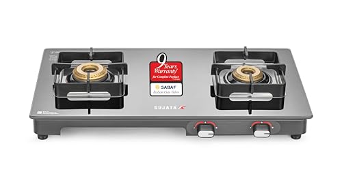 Image of Sujata Regal Manual Gas Stove 2 Burners Glass Top | 9 Years Warranty | Gas Stove with Brass Burners | SABAF Technology | ISI Certified | LPG & PNG Compatible | 360 Rotating Brass Nozzle (Black)