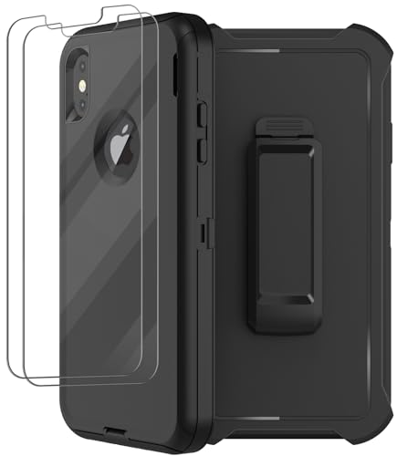 Coque iPhone Xs Max avec clip ceinture et 2 verres de protection intégrale noir