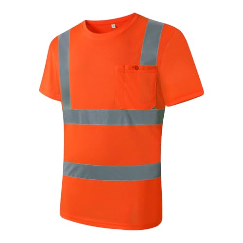 Image of High Visibility Reflective Safety Shirts for Men Women Hi Vis Viz Protective Safety Workwear T Shirt with Pockets for Construction Meet ANSI Class 2(ST190-Orange-M)