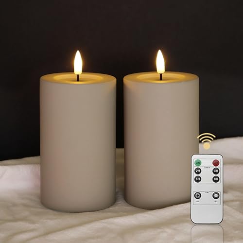 Lucoza 2er Set Outdoor LED Kerzen, 12,7cm Wasserdichte Flammenlose Kerzen mit Timer und Fernbedienung, Batteriebetriebene im Freien Stumpenkerzen für Innen Außen, Dekor für Garten Balkon, Grau