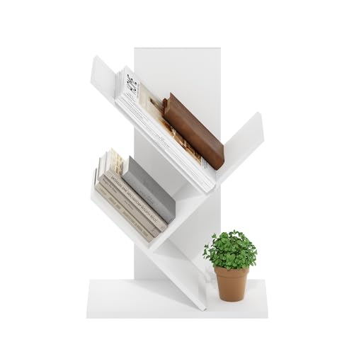 Image of Furinno Tree Book Shelf, 3-Tier Bookshelf with Angled Open Shelf, Tree Bookcase for Room Decor, 8.4 x 15.7 x 21.3, for Organization and Storage, for Living Room, Bedroom, Home Office, White