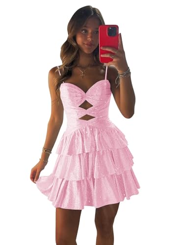 Qgeno Pink Homecoming Dress Tiered 2025 HOCO Dresses Sparkly Sequin A Line Short Corset Cut Out Cocktail Party Gowns 4