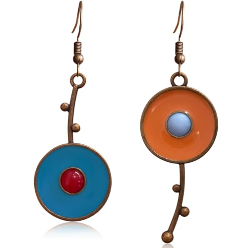 Bohemian Dainty Tribal Retro Asymmetrical Geometry Circle Lightweight Dangle Drop Earrings National Style Copper Disc Enamel Flower Hook Earrings for Women