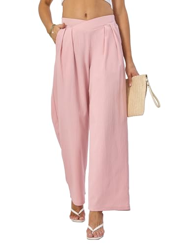 DGSHIRLDJO Damen Leichte Hosen Elegant Palazzo Hose V-förmiger Bund mit Reißverschluss Stoffhose Damen Weite Hose mit Ta...