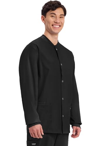 Cherokee Men’s Scrub Jacket Snap Front Medical with 3 Pockets, Knit Cuffs, Soft Fade Resistant 2-Way Stretch - WW360