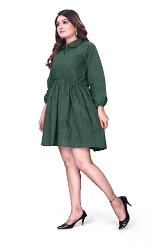 Image of Women's Cotton Self Design Chicken Work Midi Dress for Women | One Piece Dress for Women
