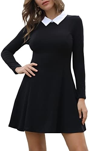 Aphratti Women's Long Sleeve Casual Peter Pan Collar Fit and Flare Skater Dress Black Medium