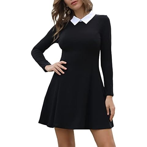 Aphratti Women's Long Sleeve Fall Dresses 2024 Casual Peter Pan Collar A Line Fit and Flare Skater Goth Dress Black Small Cover