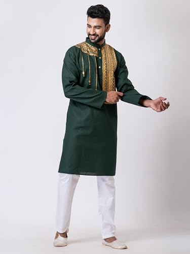 Image of Men's Dark Green Kurta with Golden Printed Design, Full Sleeve Ethnic Wear for Festive Occasions