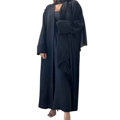 Image of Open Abayas Kimono Muslim Women Cardigan Maxi Dress and pants Set Islamic Clothing Dubai Saudi Robe