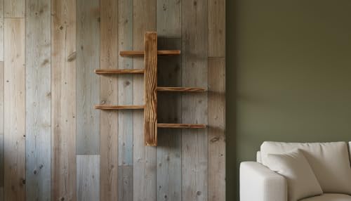 Image of Modern Wall Mounted Wooden Shelf with 5 Adjustable Sliding Shelves | Handcrafted Pine Wood Display Shelf for Living Room, Bedroom & Home Decor