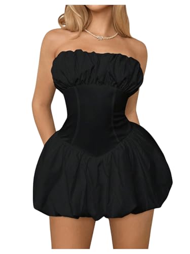 SHENHE Women's Bubble Tube Top Dress Off Shoulder Puffy A Line Y2K Corset Dress Black Small