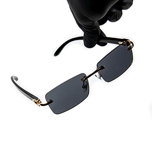 Street Knitted Mens Gold Frame Black Tint Rimless Square Trendy Cool Woodgrain Vintage 90's Old School Dark Tint Shades Retro Rectangular Men Hip Hop Sunglasses2