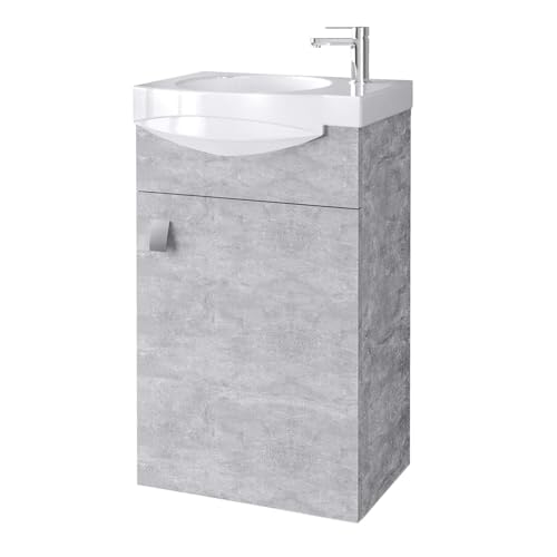 Planetmöbel Juego de muebles de baño para invitados, lavabo, armario de cerámica, armario con espejo (lavabo, hormigón)