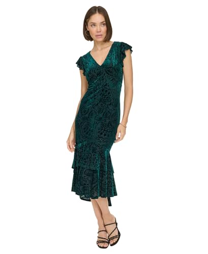 Image of Tommy Hilfiger Women's Flutter Sleeve V-Neck Ruffle Trim Hi-Lo Midi Dress