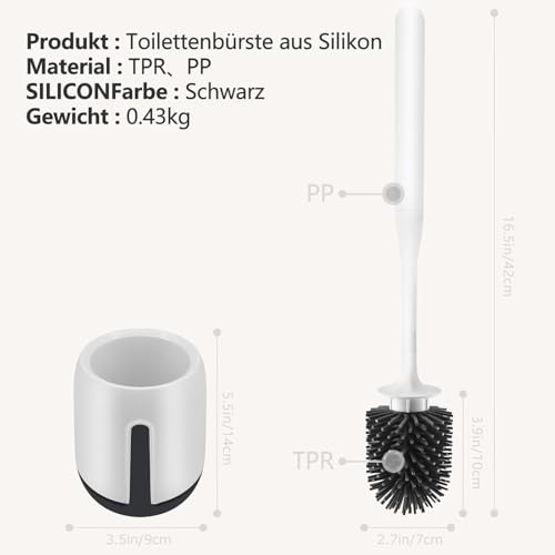 Silikon-Toilettenbürsten-Set für die Badezimmerreinigung, Rutschfester Griff mit weichen TPR-Borsten, wandmontierbar/standfest, Toilettenreinigungsbürste Weiß