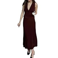 LsojbKjng trabalho de escritório feminino duas peças saia conjunto terno colete gola e plissado maxi saias conjunto,Red,S