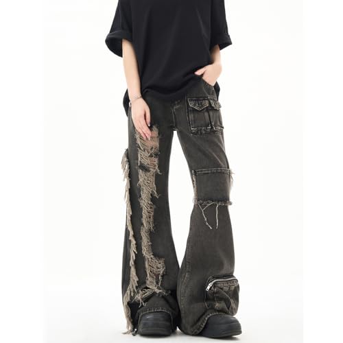 Fashion High Waist Baggy Wide Leg Fringe Ripped Jeans Y2K Vintage Casual Straight Denim Pants with Pocket3