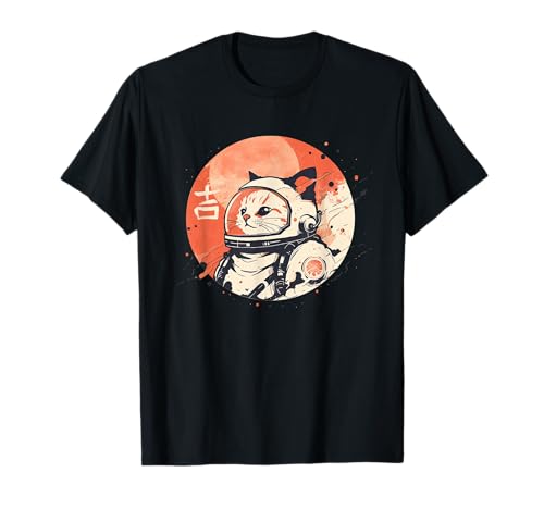 Japanese Minimalist 1950s Retro Space Cat Good Luck Kanji T-Shirt