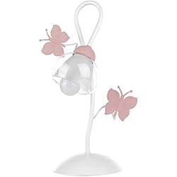 Lampara Mesa De Noche Rosa ONLI Lámpara de Mesa de Metal Mariposas Pintadas Cristal Transparente 6 W, Blanco/Rosa
