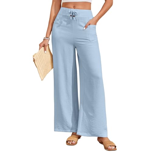 HOTIAN Weite Hosen Damen Weites Leinenhose Lang Hohe Taille Dehnbar Freizeithose Leicht Sommerhose mit Tasche