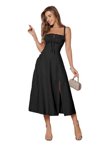 Image of Solid Lace Up Backless Ruched Boning Spaghetti Strap Slim Fit Long Cami Dress for Women's & Girl's