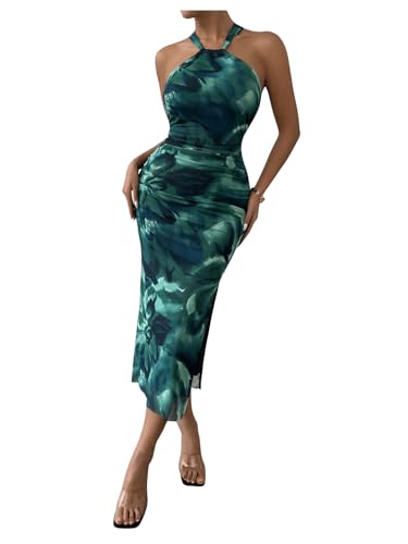 Image of GORGLITTER Women's Floral Print Halter Midi Dress Summer Mesh Sleeveless Going Out Birthday Vacation Beach Sundresses