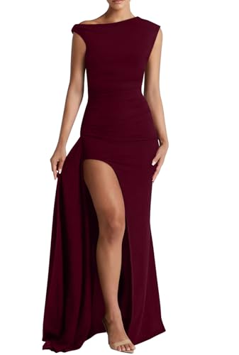 Image of Memoriesea Women's Elegant Off Shoulder Ruched High Split Wedding Party Maxi Dress Burgundy