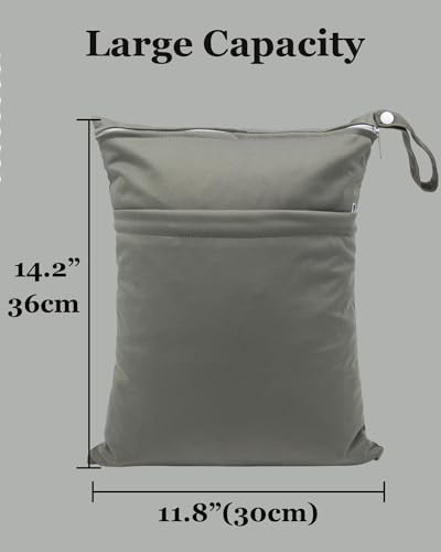 babeine Wet Dry Bag for Baby Cloth Diapers, Waterproof Reusable with Two Zippered Pockets Travel Beach Pool Soiled Baby Items Yoga Gym Bag for Swimsuits or Wet Clothes (Dark Grey)