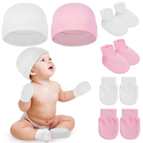 JOYOFREELY Gorros y Manoplas para Recién Nacidos Ñiño Niña, 2 Juegos Algodón Transpirable, Conjunto Esencial Blanco y Rosa, Talla Única 0-12 Meses, Ropa Ñiño Invierno