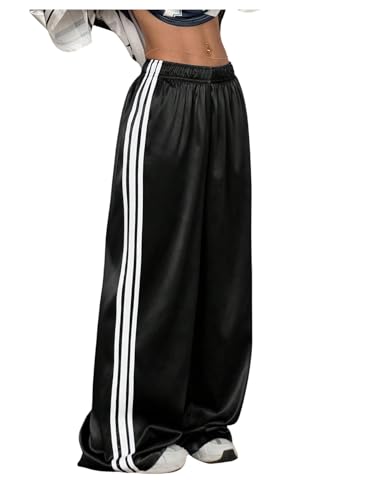 Women's Y2K Striped Baggy Pants Satin Low Waist Wide Leg Sweatpants Casual Track Pants Trousers Streetwear Joggers