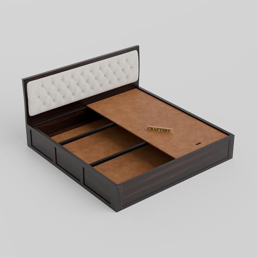Image of Solid Sheesham Wood King Size Bed with Box Storage | White Upholstered Cushion Headboard | Wooden Double Bed for Bedroom | Palang /Cot /Mancham, Walnut Finish