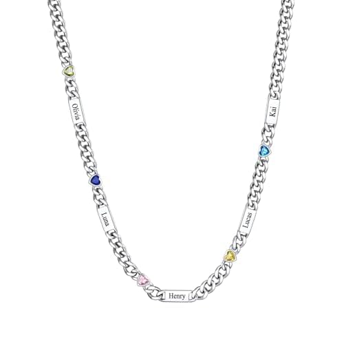 Custom4U Personalized Cuban Link Birthstone Necklace for Women Men, Stainless Steel Cuban Chain 5mm Custom 1-6 Names, Jewelry Gifts for Birthday, Mothers Day, Christmas, Fathers Day 20 inche