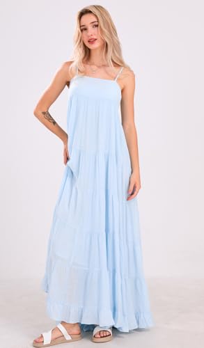 Image of loveimgs Women Summer Spaghetti Strap Smocked Maxi Dress Tiered Ruffle Sleeveless Long Flowy Dress Beach Sundress
