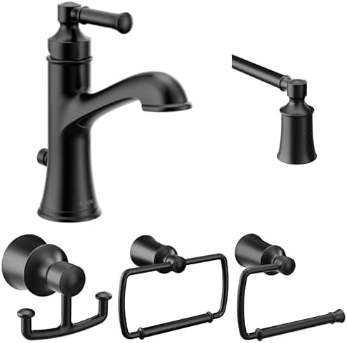 Moen Dartmoor Matte Black Bathroom Set - Single Handle Sink Faucet with 24-Inch Towel Bar, Toilet Paper Holder, Hand Towel Holder and Double Robe Hook