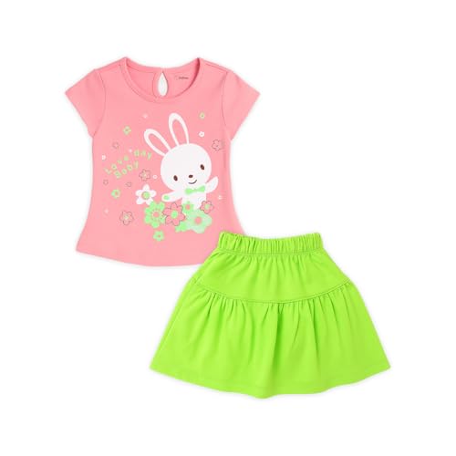Image of Kidbea Baby Girl Bunny Print Cotton T-Shirt with Green Skirt Set | Cute & Comfy Casual Wear for Infant & Kids (Pink, 18-24 Months)