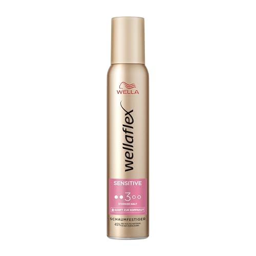 Wellaflex Schaumfestiger Sensitive Starker Halt parfümfreier Haarschaum für 24h flexiblen Halt ohne Verkleben mit UV-Schutz und Hair Taming Complex mit Macadamia-Öl 200 ml