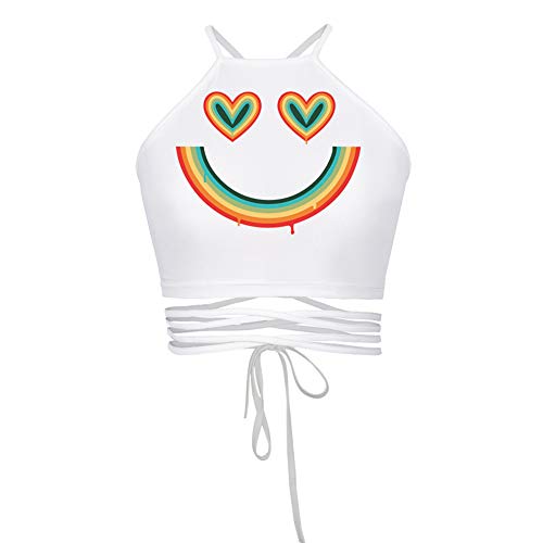 JOXJOZ Women's Summer Rainbow Printed Halter Neck Criss-Cross Boho Bandage Tank Camis Crop Top Vest (White) - Image 4
